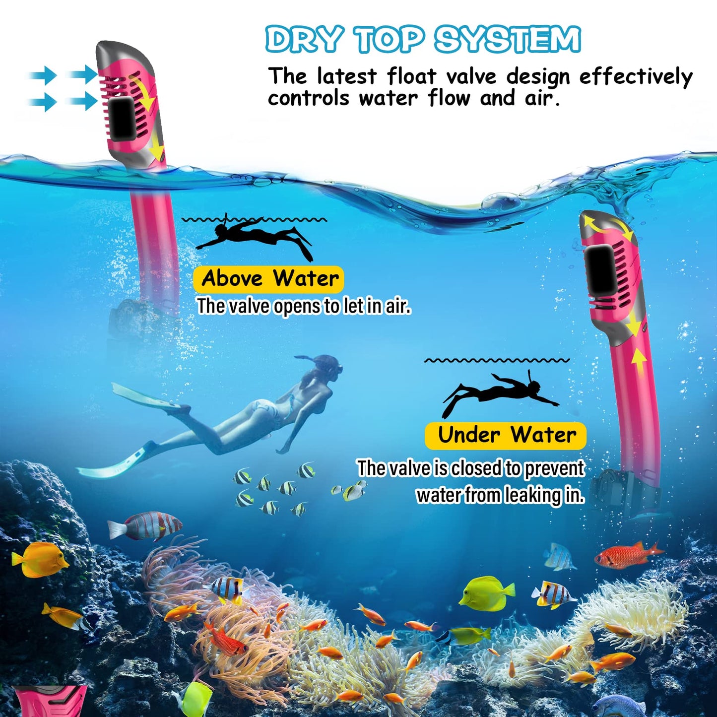Greatever Dry Snorkel Set,Panoramic Wide View Anti-Fog Scuba Diving Mask,Professional Snorkeling Gear for Adults Kids