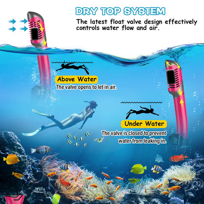 Greatever Dry Snorkel Set,Panoramic Wide View Anti-Fog Scuba Diving Mask,Professional Snorkeling Gear for Adults Kids