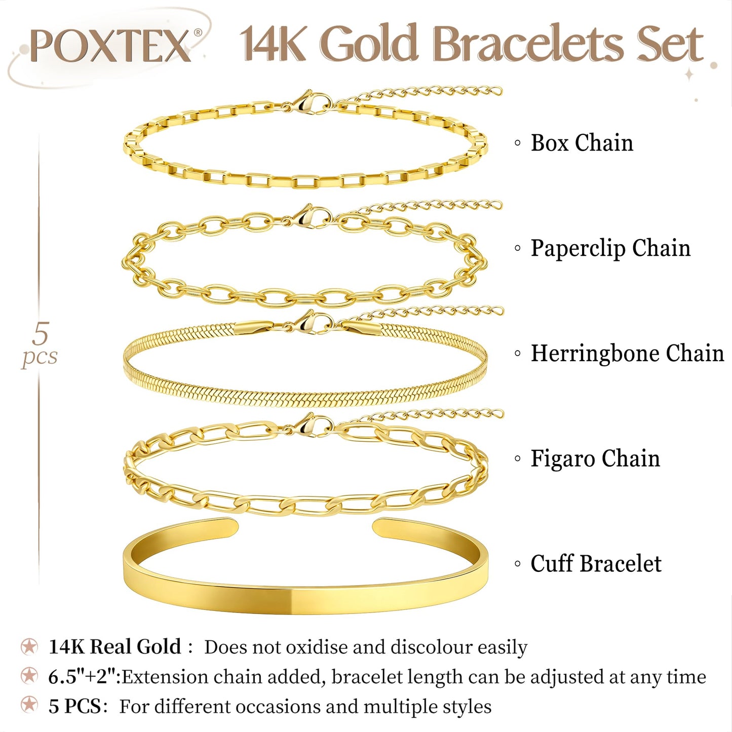 Goldarmbänder für Frauen Stapel Nicht Anlaufen, 14K Vergoldete Stapelbare Armbänder Set für Frauen Trendy, Wasserdicht Einfacher Schmuck Sets Geschenke Inklusive Perlen-/Kuban-/Büroklammer-/Fischgräten-/Seilglieder-Kette, Modeaccessoires