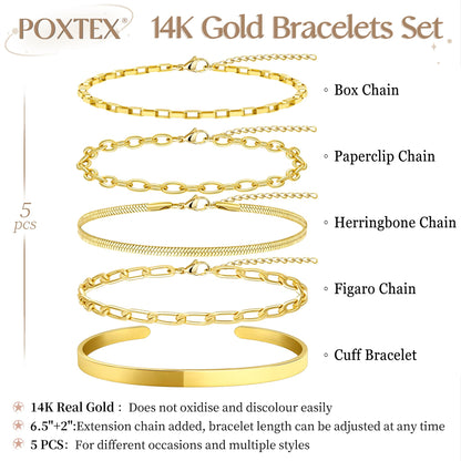 Goldarmbänder für Frauen Stapel Nicht Anlaufen, 14K Vergoldete Stapelbare Armbänder Set für Frauen Trendy, Wasserdicht Einfacher Schmuck Sets Geschenke Inklusive Perlen-/Kuban-/Büroklammer-/Fischgräten-/Seilglieder-Kette, Modeaccessoires
