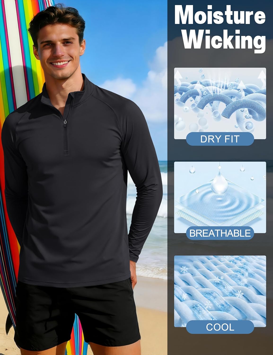 MAGCOMSEN Herren Langarm Sonnenschutzshirt UPF 50+ T-Shirt mit 1/4 Reißverschluss zum Angeln, Laufen, Rash Guard T-Shirt, Outdoor-Shirt