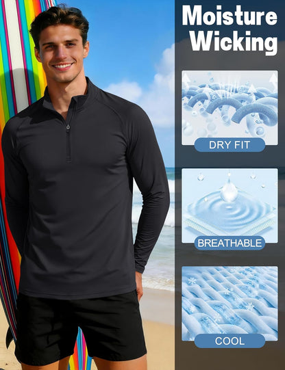 MAGCOMSEN Herren Langarm Sonnenschutzshirt UPF 50+ T-Shirt mit 1/4 Reißverschluss zum Angeln, Laufen, Rash Guard T-Shirt, Outdoor-Shirt