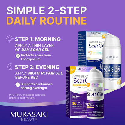 Silicone Scar Gel Day & Night Set - 100% Medical-Grade Silicone + SPF 30 Scar Cream for Surgical Scars, C-Section, Burns, Acne, Stretch Marks, Keloids – 1.06oz x 2 Tubes