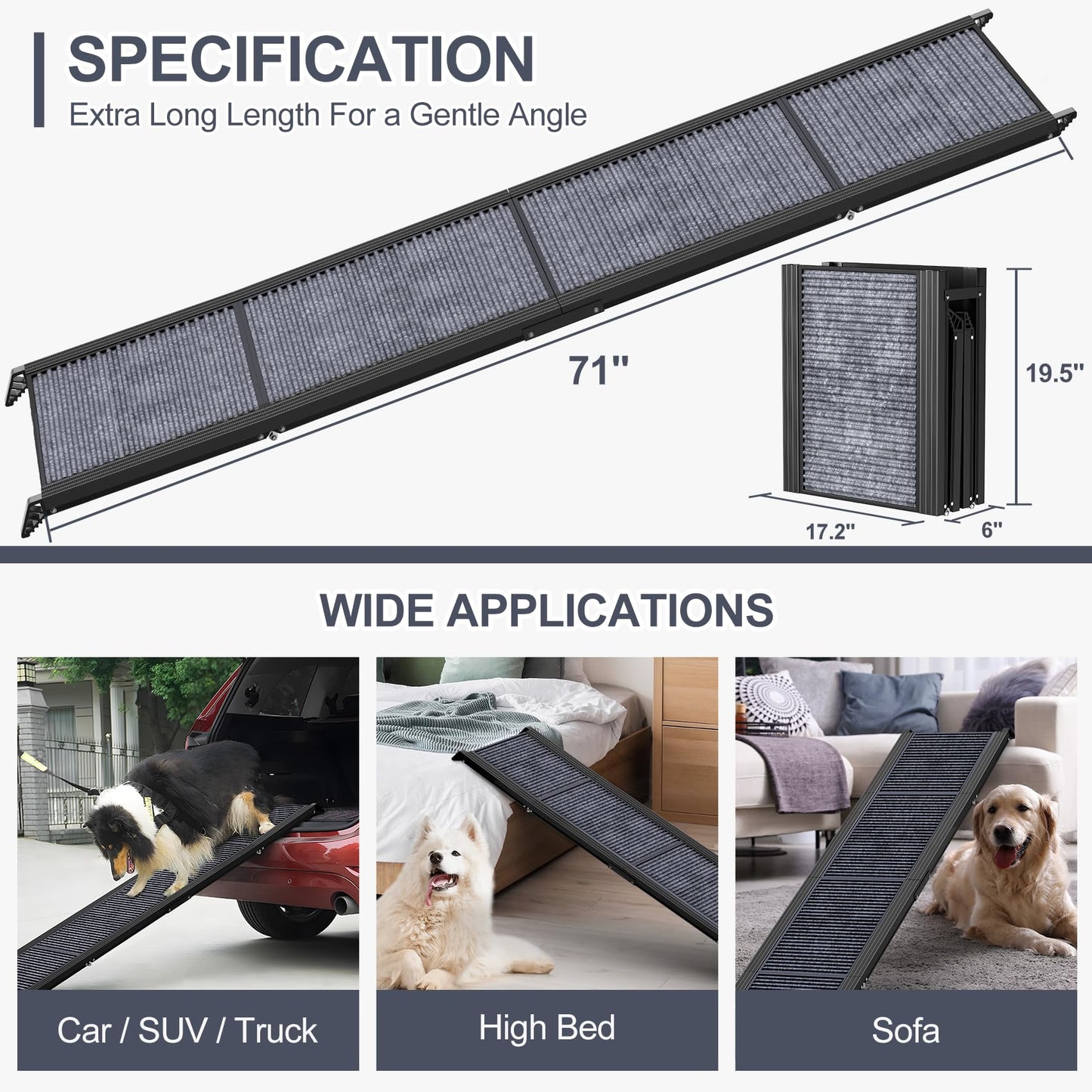 Dog Ramp for Car 63" Long & 17" Wide Portable Dog Ramps for Large Dogs with Non-Slip Rug Surface Dog Car Ramp for SUV Car & Truck, Folding Dog Ramp Up to 250LBS
