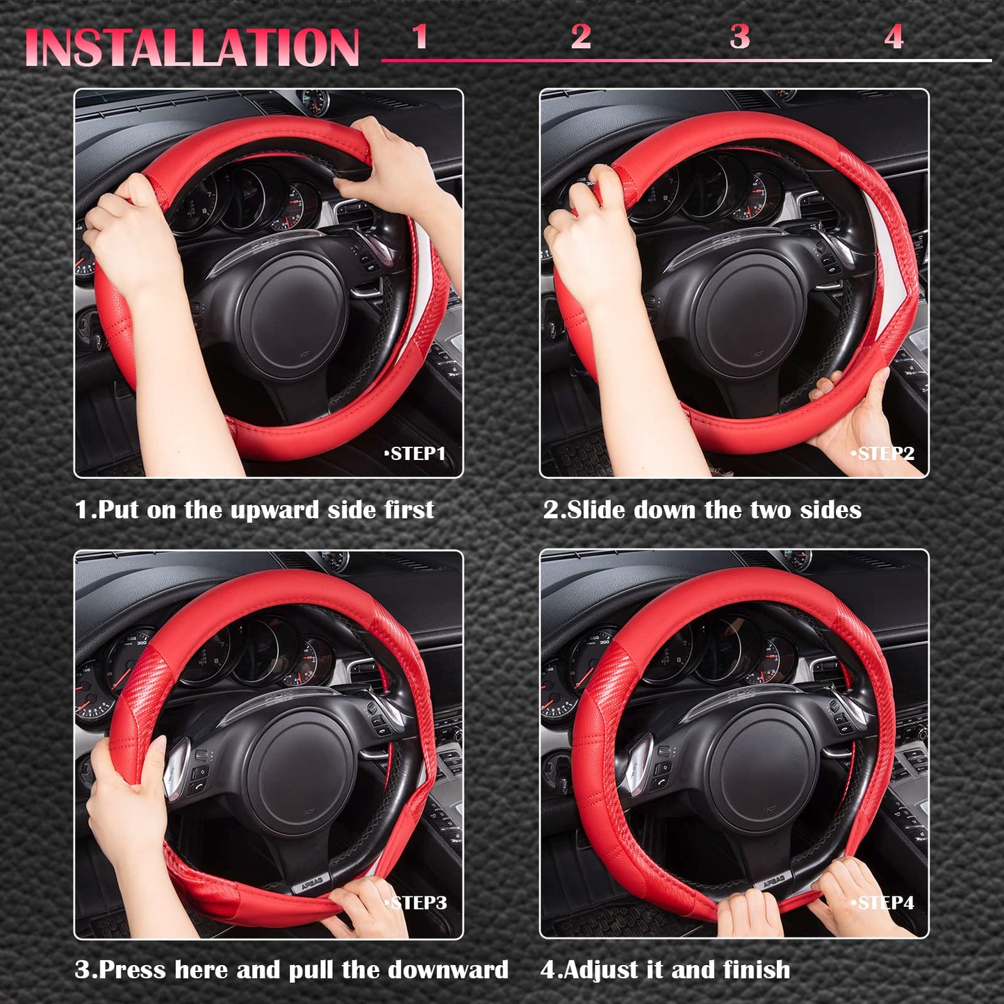 CAR PASS Line Rider Mikrofaser-Leder Sportlicher Lenkradbezug Universal Passend für 95% LKW, SUV, PKW, 36,8-38,1 cm Rutschfest Sicher Bequem Design (Schwarz-Grau)