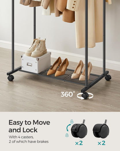 SONGMICS Clothes Rack with Wheels, Clothing Rack for Hanging Clothes, 25.4 mm Metal Garment Rack with Dense Mesh Storage Shelf, 110 lb Load Capacity, 2 Brakes, Black UHSR25BK