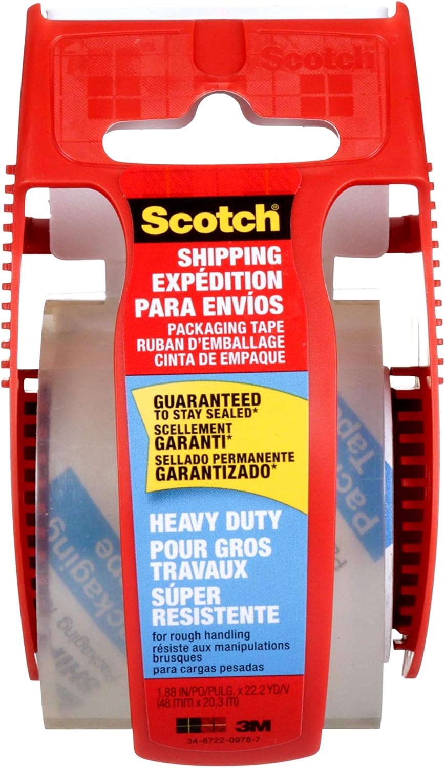 Scotch Heavy Duty Shipping Packaging Tape, 1 Roll with Dispenser, 1.88" x 22.2 Yards, 1.5" Core, Great for Packing, Shipping & Moving, Clear (142)