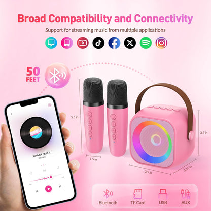 Mini Karaoke Machine for Kids Adults, Portable Bluetooth Speaker with 2 Wireless Microphone, Birthday Gifts for Girls Boys Ages 4, 5, 6, 7, 8, 9, 10, 12+ Years Old (Pinkcolor)