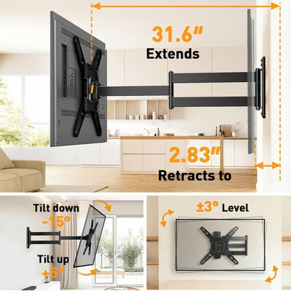 Perlegear Corner TV Wall Mount Long Arm TV Mount Bracket for 37-75 Inch TVs-Full Motion Wall Mount with 32.37” Extension & Swivel Articulating Arm & Tilt, MAX VESA 600x400mm, Holds up to 100 lbs