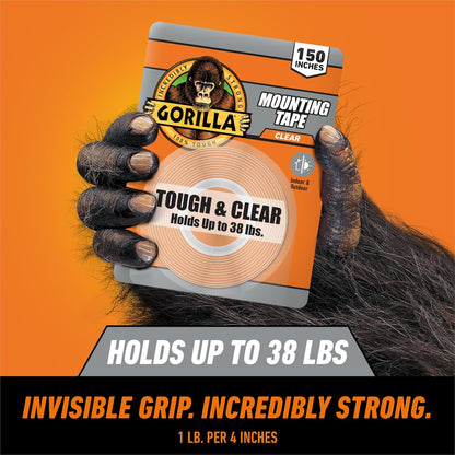 Gorilla Tough & Clear Double Sided Mounting Tape, Hanging, Instant 15lb Strong Hold, Permanent Bond, Weatherproof, 1 in x 60 in, Clear, (Pack of 1), 6065101 (Packaging May Vary)