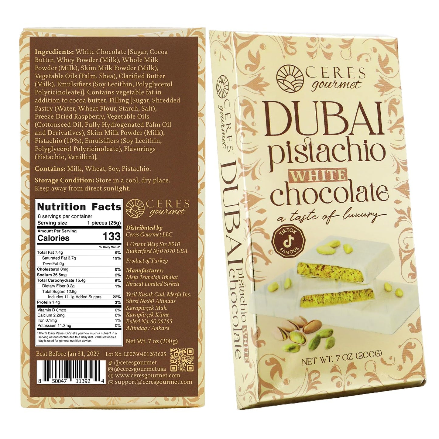 Barra de chocolate crujiente con Knafeh, pistacho, de Dubái, 7 oz | Famosa barra de chocolate con Kunafa de Dubái | Kunafe crujiente con pasta de pistacho | Regalo de postre gourmet