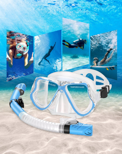 Greatever Dry Snorkel Set,Panoramic Wide View Anti-Fog Scuba Diving Mask,Professional Snorkeling Gear for Adults Kids