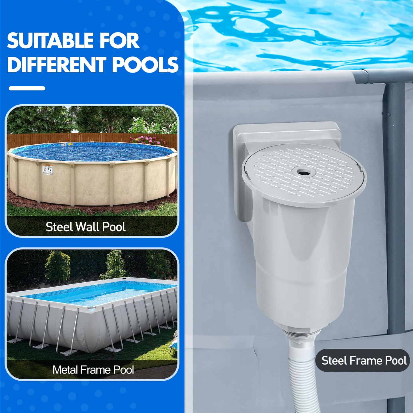 DeeprClean Upgrade Above Ground Pool Skimmer Comes with 3 Socks, Anti-tilt Wall Mount Surface Skimmer, Removable Skimmer Basket, Adjustable Height Bracket, Auto Skimming Pool Surface Leaves - Blue