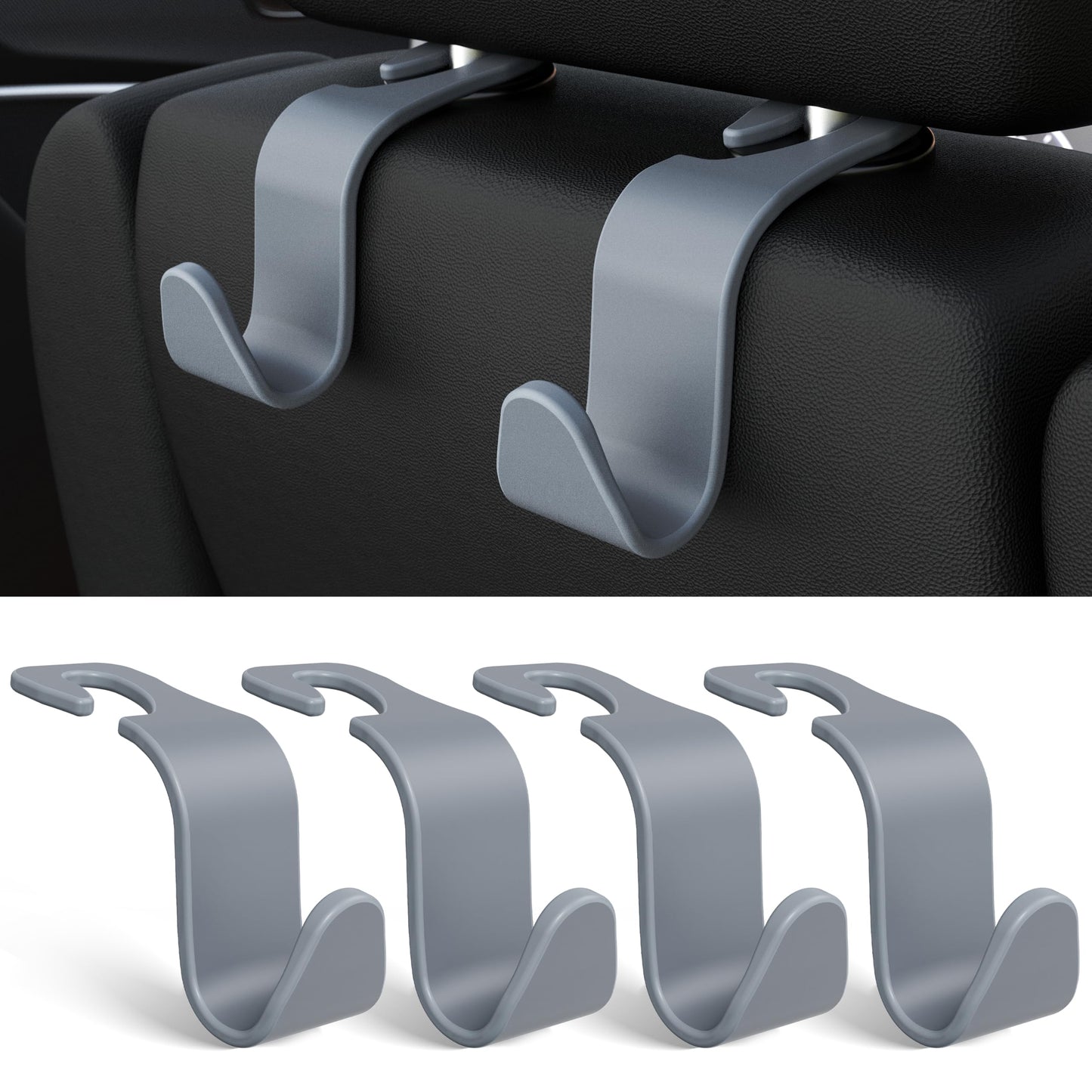 Amooca 4-Pack Car Headrest Hooks Vehicle Storage Organizer for Purses Handbags Groceries Backpack Coats –Holds 55lbs 360° Rotating Black