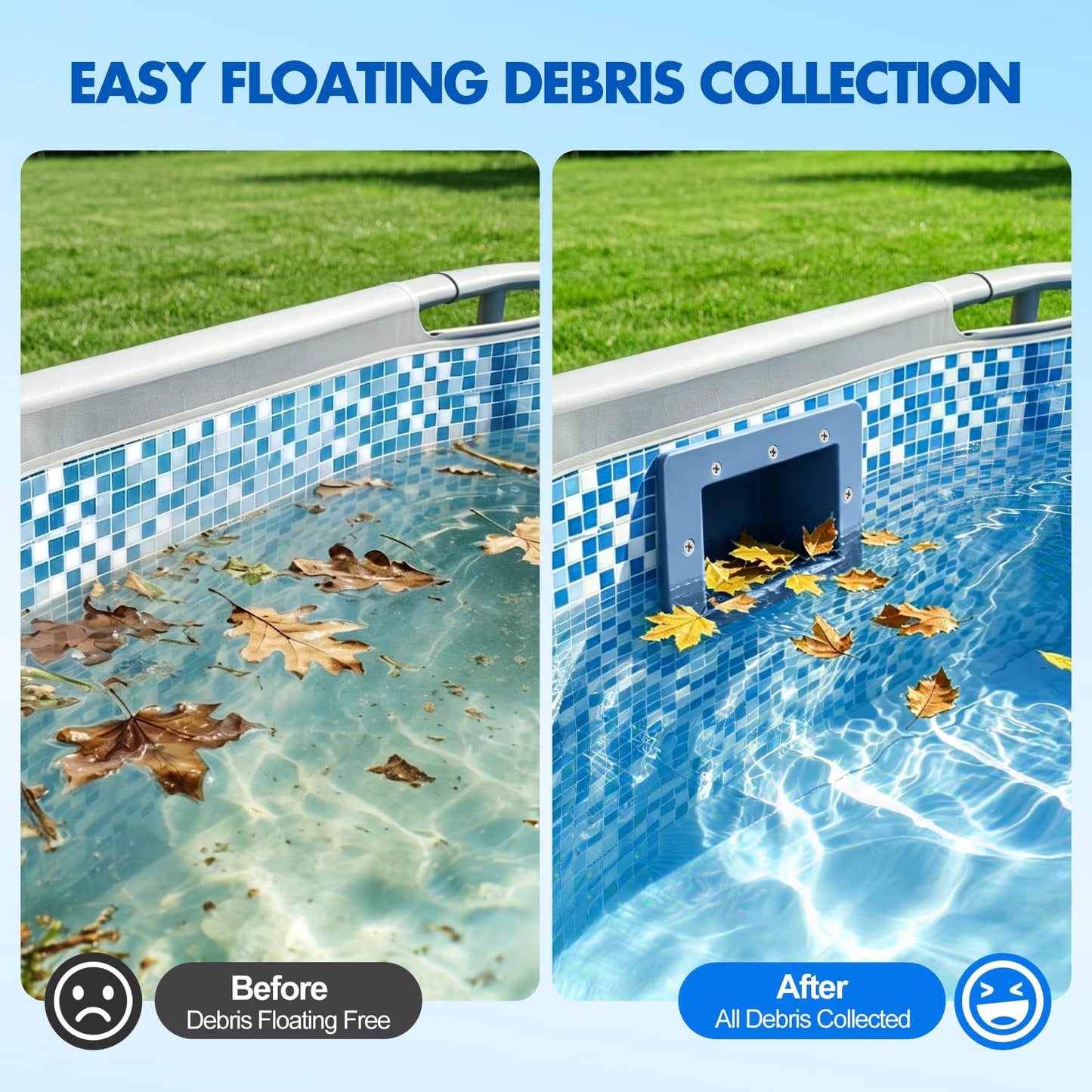 DeeprClean Upgrade Above Ground Pool Skimmer Comes with 3 Socks, Anti-tilt Wall Mount Surface Skimmer, Removable Skimmer Basket, Adjustable Height Bracket, Auto Skimming Pool Surface Leaves - Blue