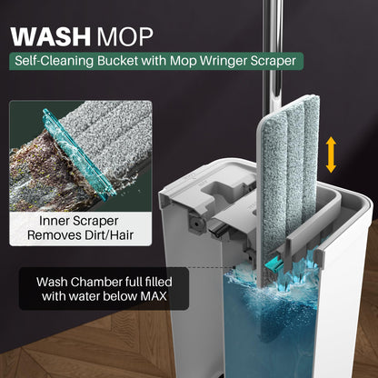 JOYMOOP Wischmopp und Eimer mit Auswringsystem, Freihand-Flachmopp und Eimer, mit 3 waschbaren Mikrofaserpads, Nass- und Trockengebrauch, Bodenreinigungssystem