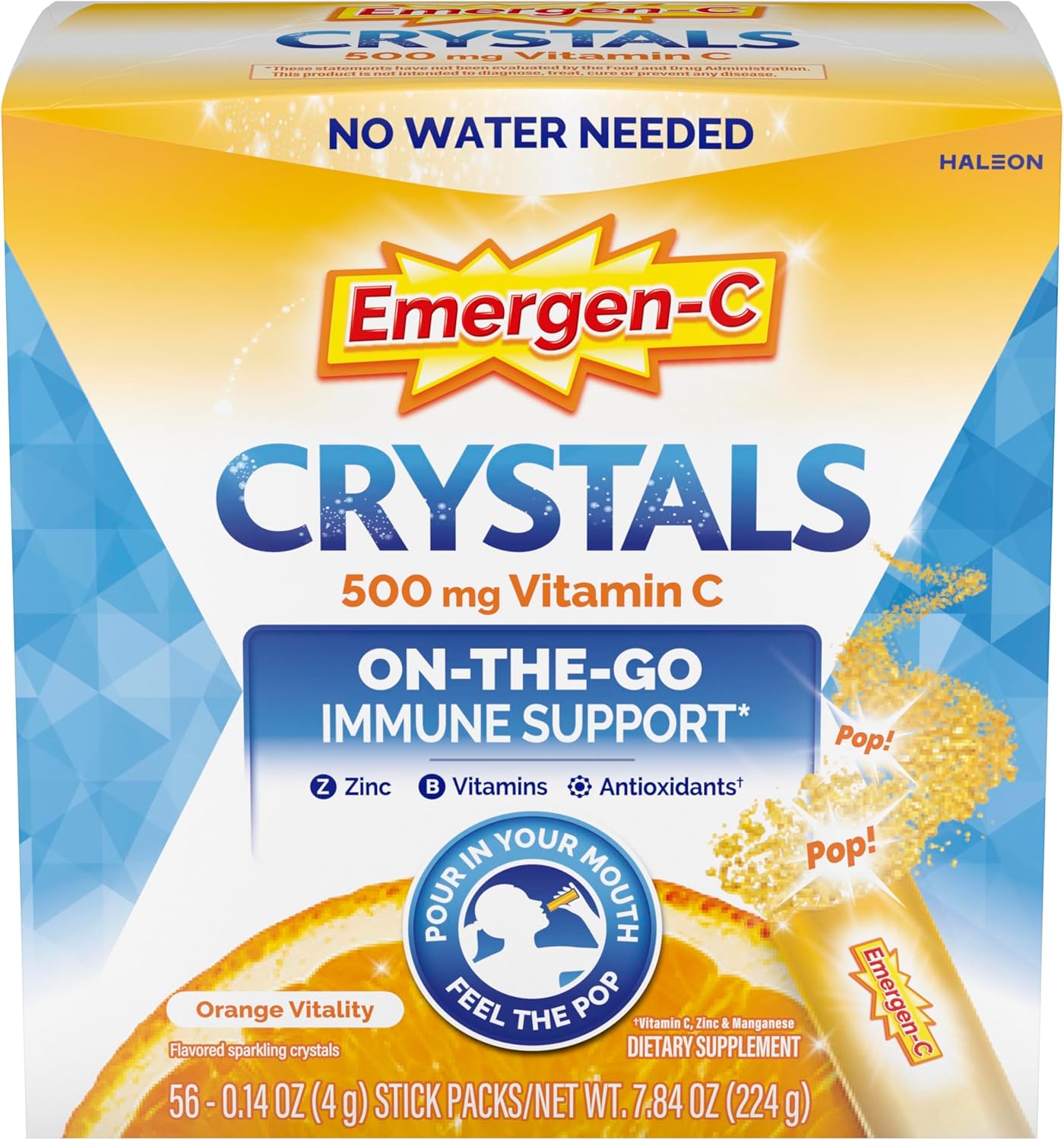 Emergen-C Crystals, On-the-Go Immune Support Supplement with Vitamin C, B Vitamins, Zinc and Manganese, Orange Vitality - 56 Stick Packs (Pack of 6)