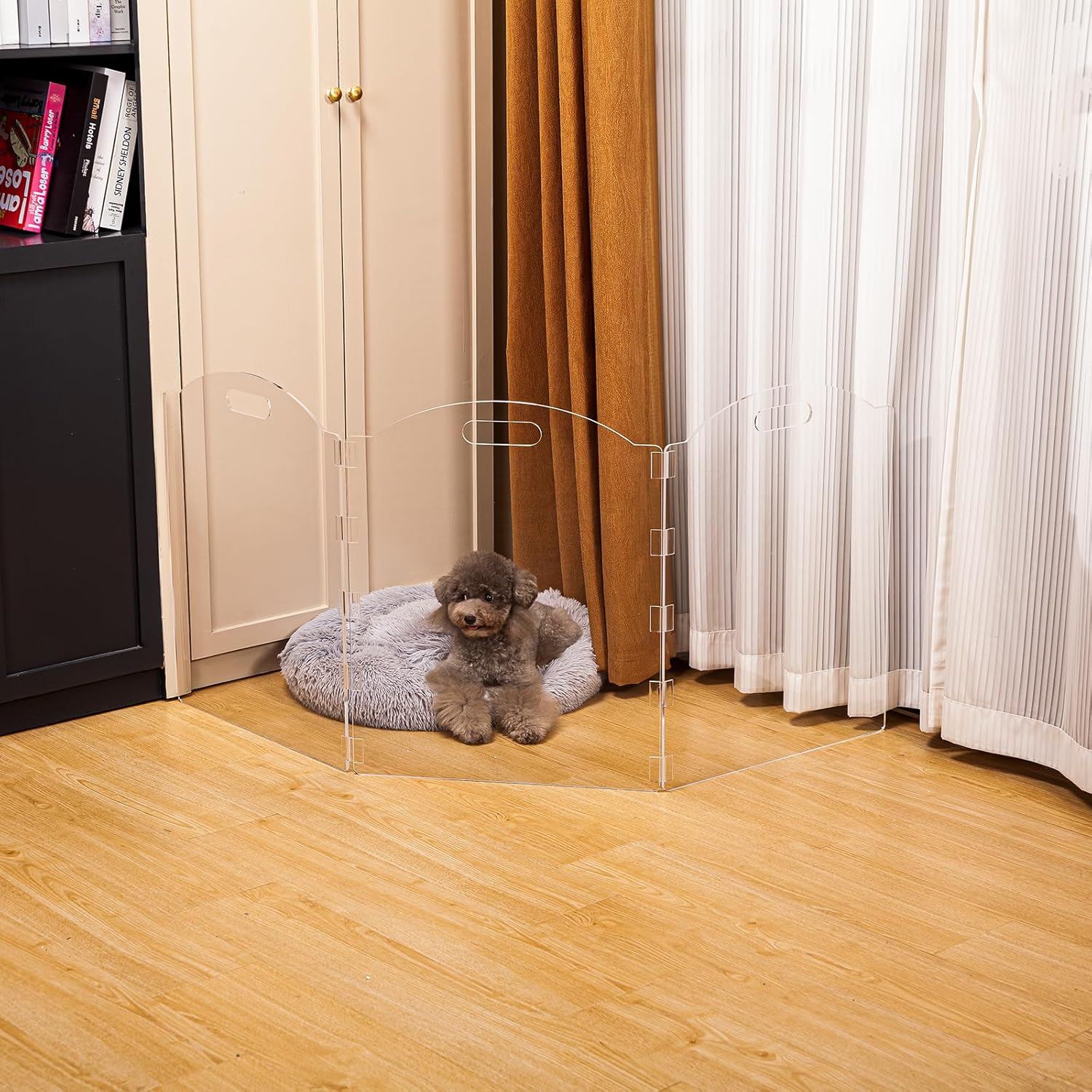 Clear Acrylic Freestanding Dog Gates for the House – Folding 3-Panel Pet Gates for Doorways, Indoor Stairs, and Hallways, Transparent Barrier for Dogs, Puppies, and Cats