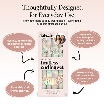 Kitsch Satin Heatless Lockenwickler Set – Hitzefreie Locken über Nacht mit 34" Haarwickler & 2 Satin Scrunchies – Bequeme Haarwickler zum Schlafen für frizzfreies, hitzefreies Styling – Sunset Tie Dye