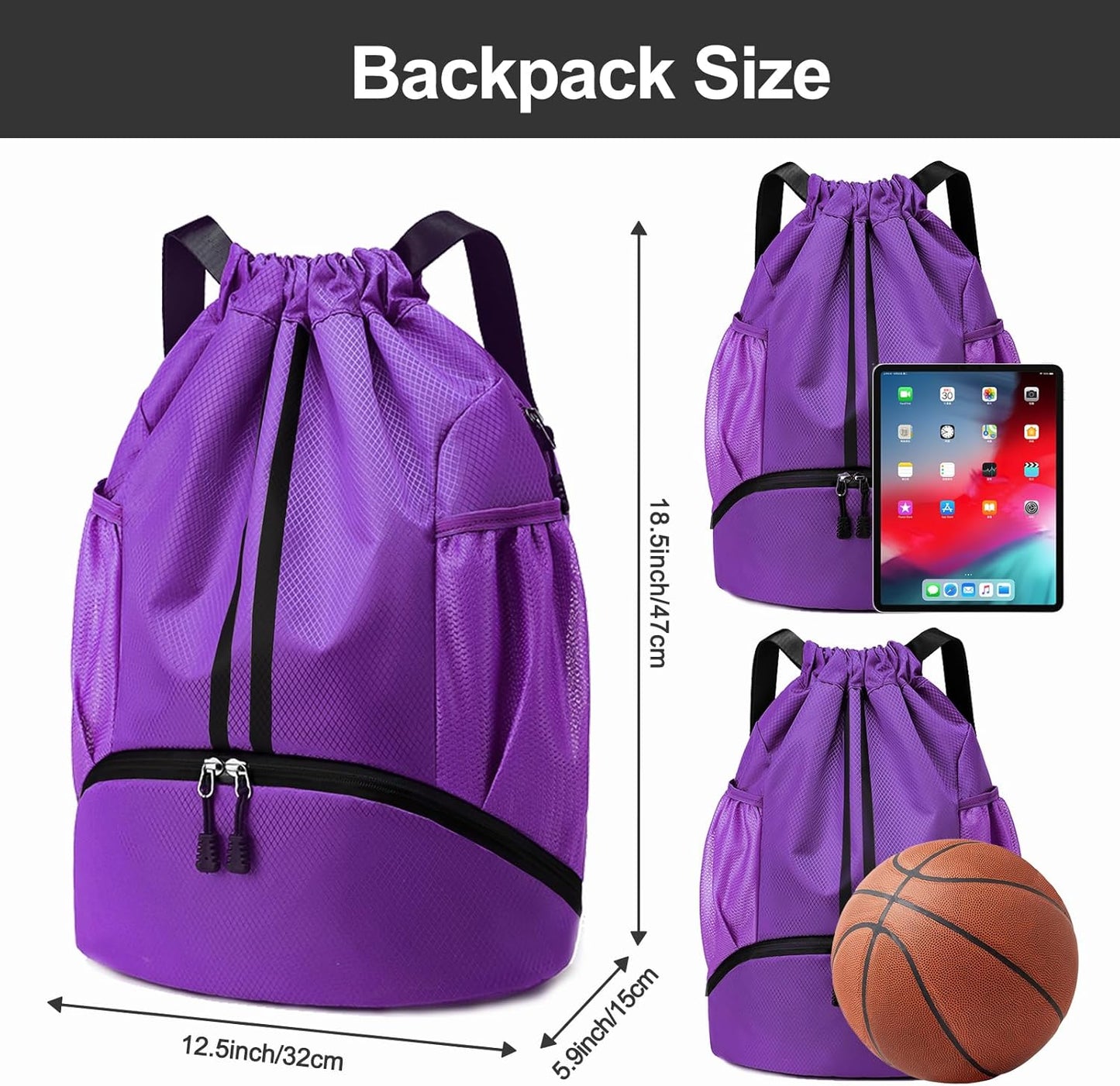 Hoedia Sports-Kordelzugrucksack – Schwimm-Turnbeutel mit Schuhfach und wasserdichter Tasche für Damen und Herren