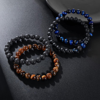 Tigerauge Armband für Herren 8MM Natursteinperlen Armband Set Stretch Lava Stein Armbänder Verstellbares Schwarzes Kristallperlenarmband für Herren Damen Geschenke