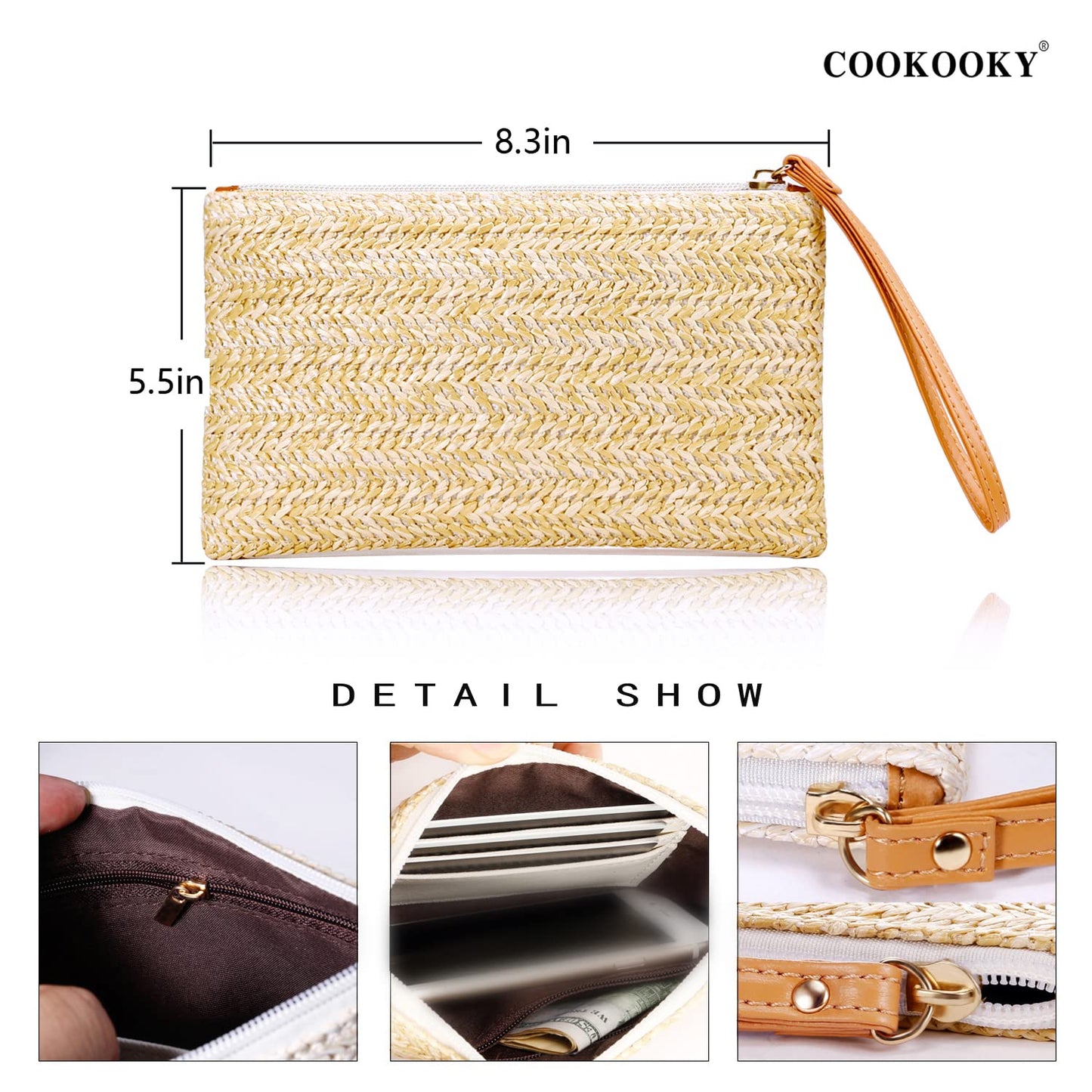 COOKOOKY Damen Stroh-Clutch, böhmische Reißverschluss-Handgelenktasche, Sommer Strand Meer Geldbörse (Beige-Weiß)