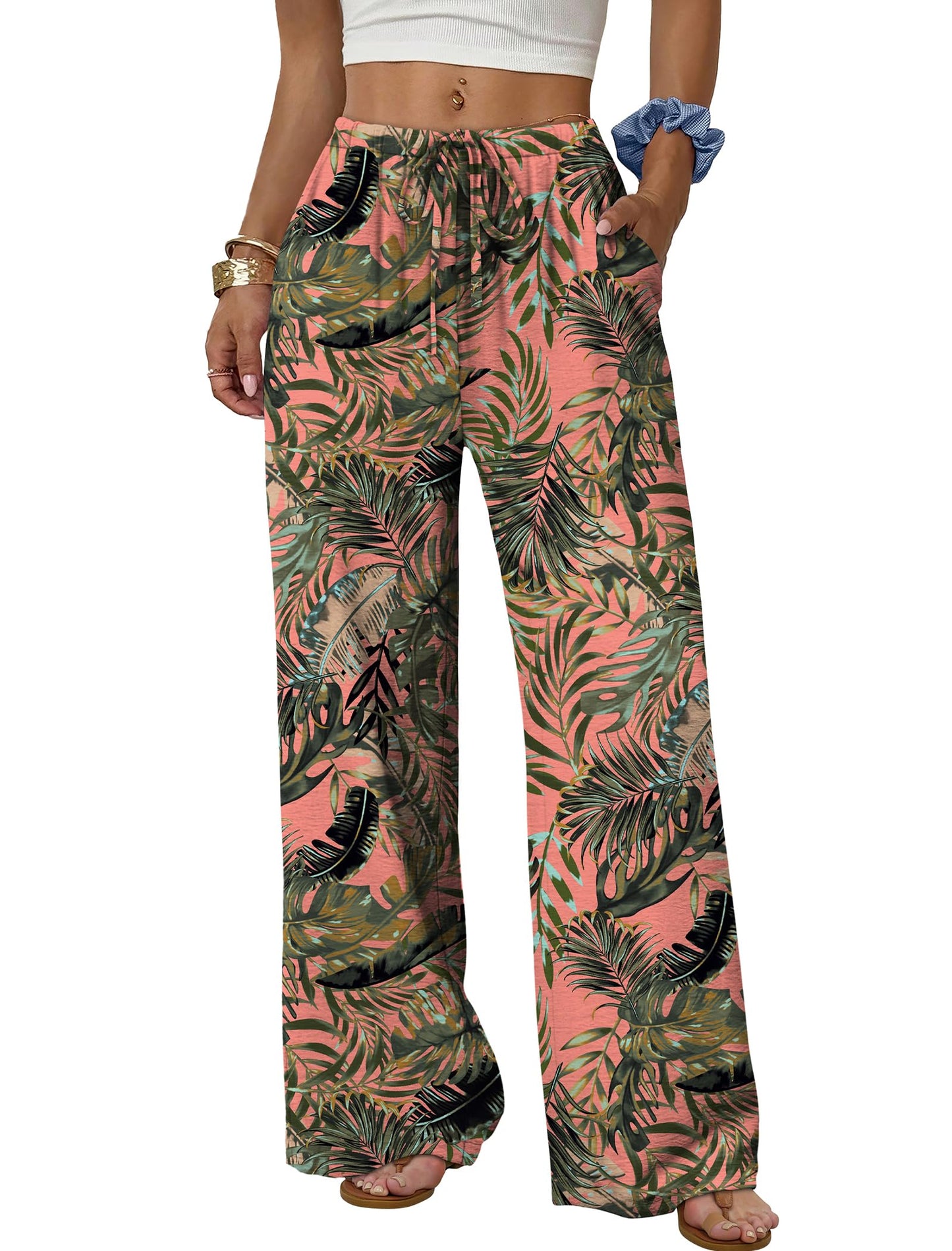 Sampeel Wide Leg Pants for Women Flowy Palazzo Drawstring Elastic Waist Trousers with Pockets Summer Beach Vacation Clothes