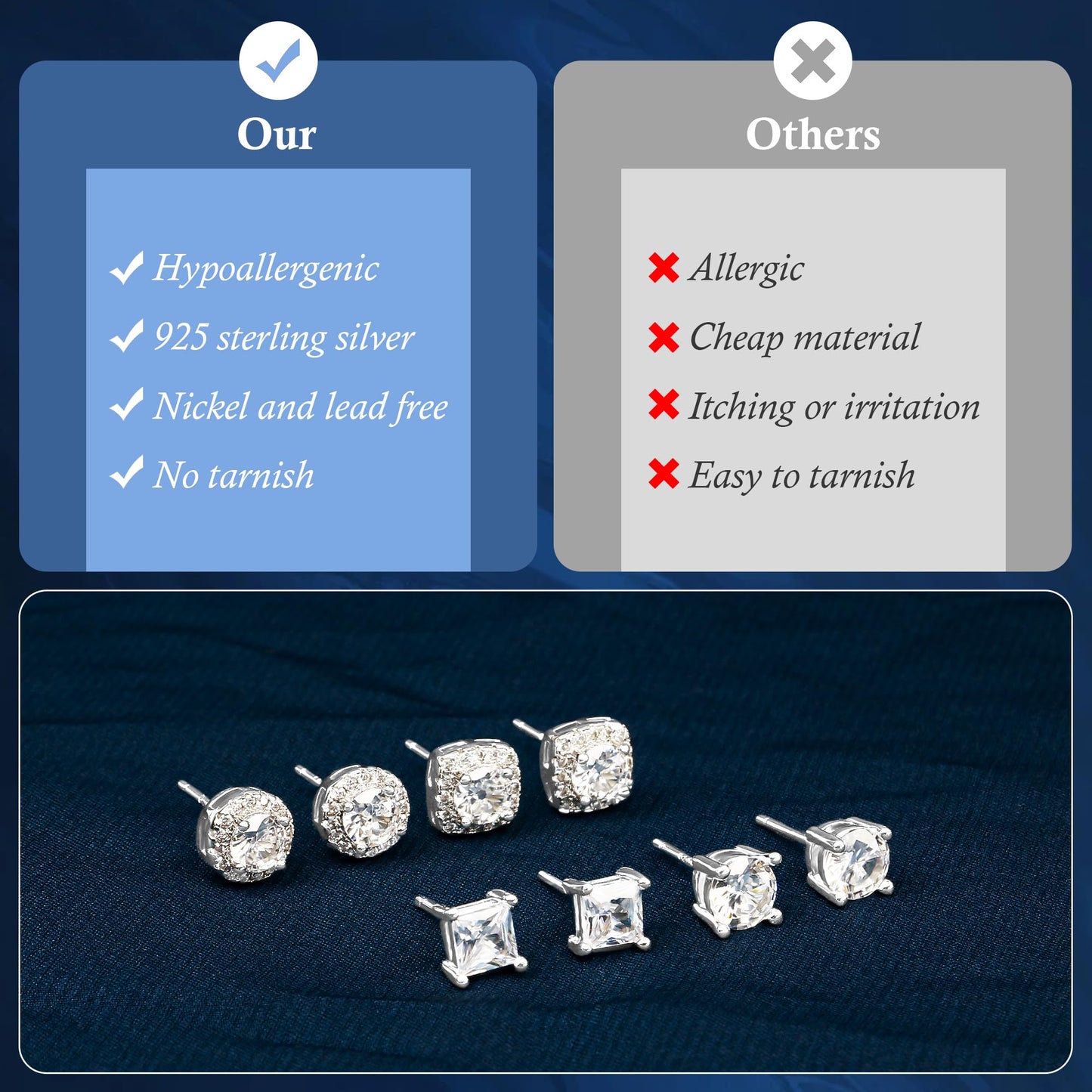 Sereney Dance Ohrringe 925 Sterling Silber Halo Stecker Hypoallergene Ohrringe für Damen, CZ 8 mm Runde Zirkonia Ohrstecker Ohrringe für Herren