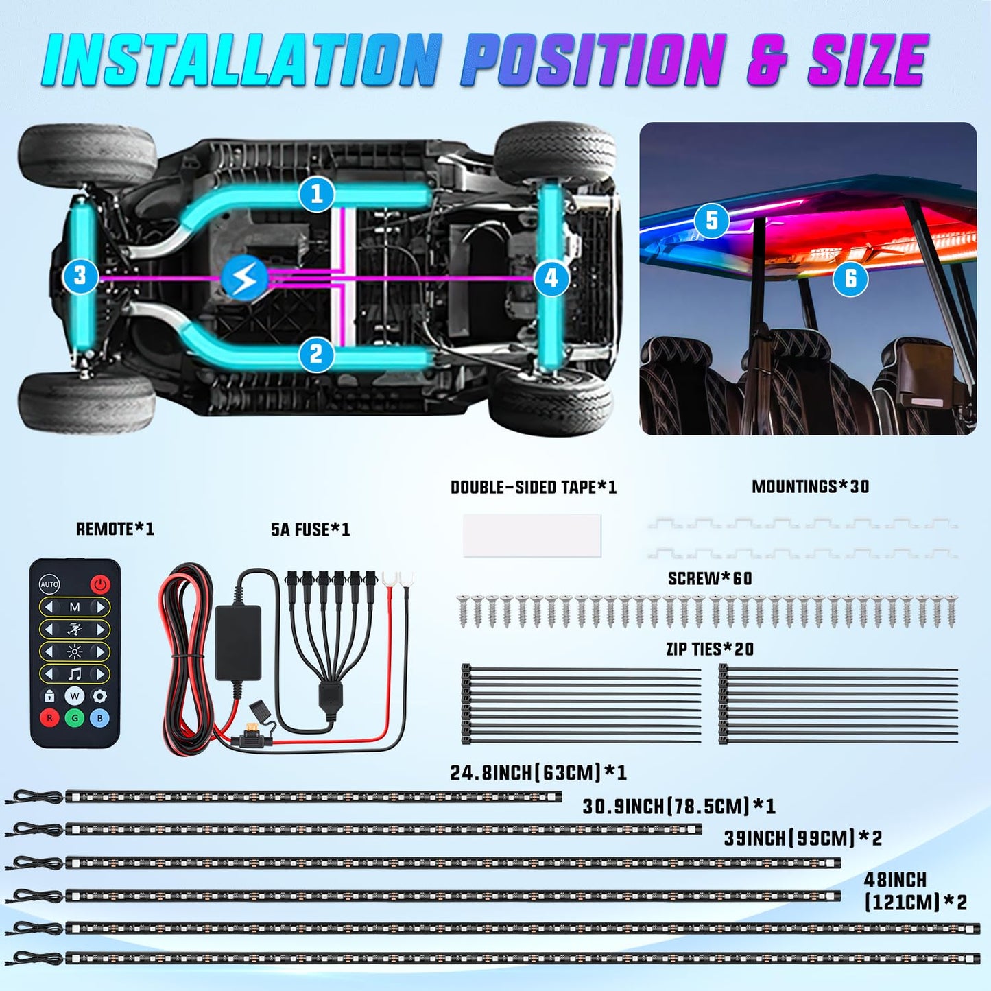 Nilight 6PCS Golf Cart Underbody Light Kit with Canopy Lights Dream Color Multi-Mode Neon Accent Lighting APP Remote Control Sound Active Music Sync IP67 Waterproof 12V-66V for EZGO Yamaha Club Car