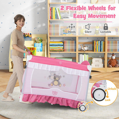 BABY JOY 4 in 1 Pack and Play with Canopy, Portable Baby Playard with Bassinet, Double-Layer Baby Crib, Wheels & Brake, Foldable Baby Girl Pink Bassinet from Newborn to Toddler