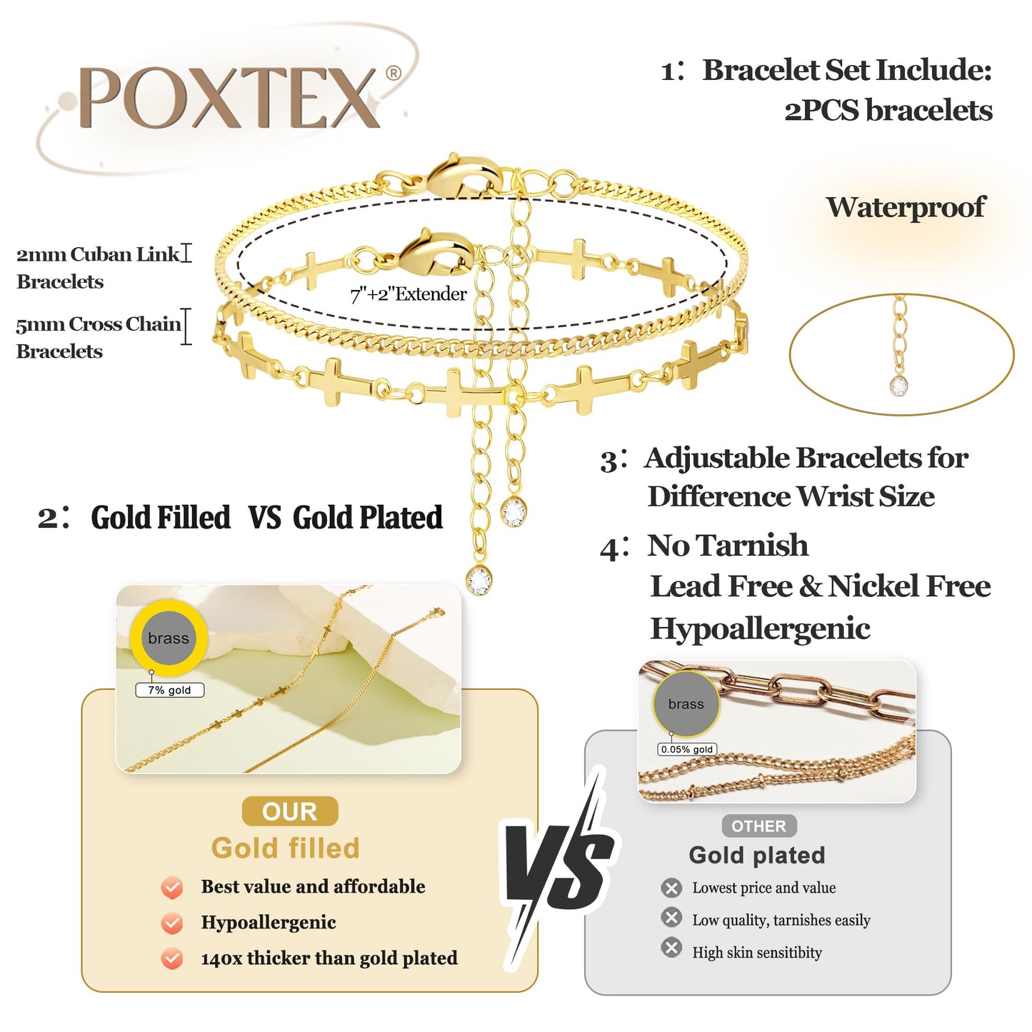 Goldarmbänder für Frauen Stapel Nicht Anlaufen, 14K Vergoldete Stapelbare Armbänder Set für Frauen Trendy, Wasserdicht Einfacher Schmuck Sets Geschenke Inklusive Perlen-/Kuban-/Büroklammer-/Fischgräten-/Seilglieder-Kette, Modeaccessoires