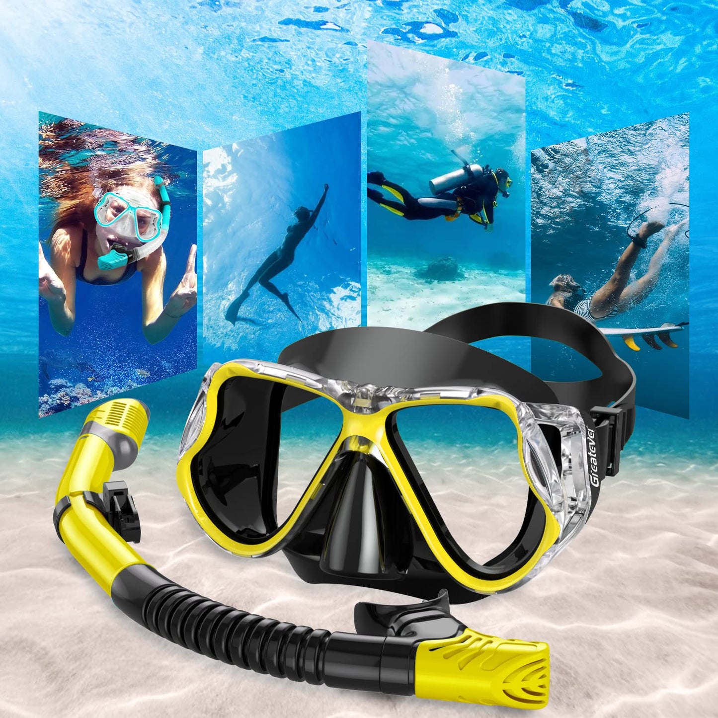 Greatever Dry Snorkel Set,Panoramic Wide View Anti-Fog Scuba Diving Mask,Professional Snorkeling Gear for Adults Kids