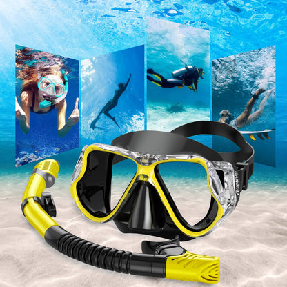 Greatever Dry Snorkel Set,Panoramic Wide View Anti-Fog Scuba Diving Mask,Professional Snorkeling Gear for Adults Kids
