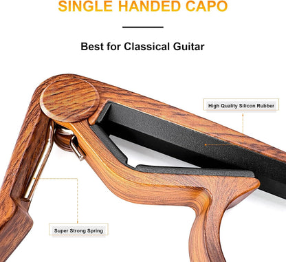 WINGO Kapodaster aus Holz für 6-saitige Akustik-E-Gitarren, Bässe, Ukulelen – Palisander, inkl. 5 Plektren