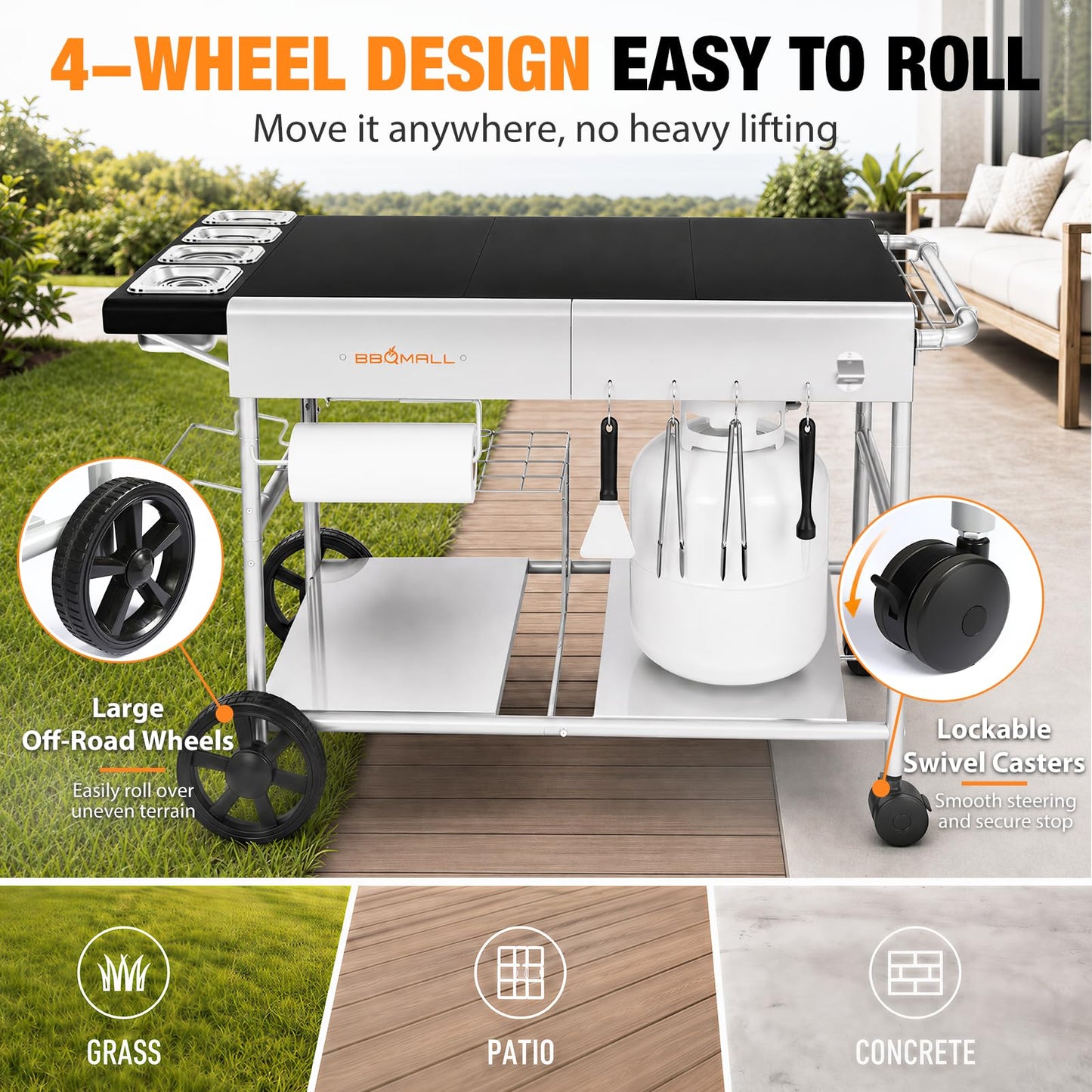 Pizza Oven Table Grill Cart with Topping Station, Grill Table Stand with Wheels for Ninja, Blackstone Griddle, Ooni, Gozney, Cuisinart, Heavy Duty BBQ Prep Cart with Storage Shelf and Hooks