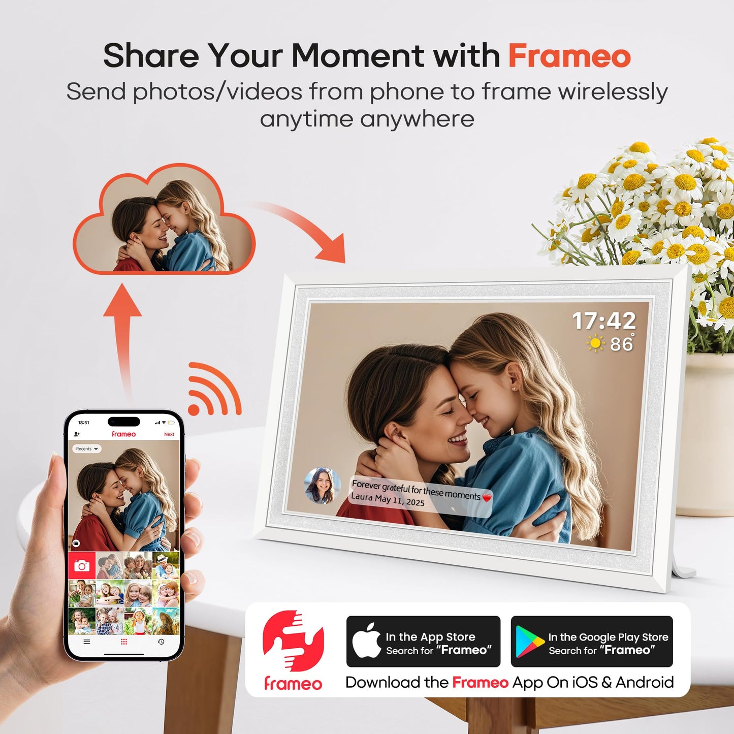 Frameo 10.1 Inch WiFi Digital Picture Frame, Smart Cloud Electronic Photo Frame with HD IPS Touch Screen Slideshow 32GB Memory Auto-Rotate Wall Mount, Share Photos/Videos from Phone - Gifts for Mom