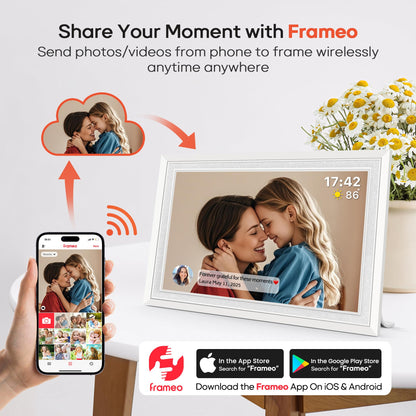 Frameo 10.1 Inch WiFi Digital Picture Frame, Smart Cloud Electronic Photo Frame with HD IPS Touch Screen Slideshow 32GB Memory Auto-Rotate Wall Mount, Share Photos/Videos from Phone - Gifts for Mom