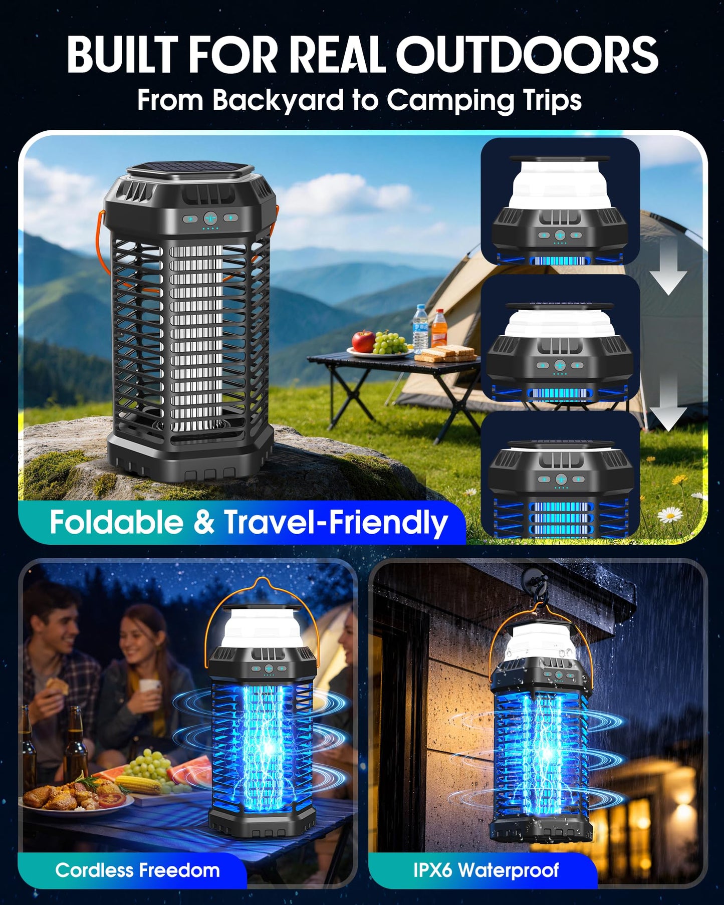 Solar Bug Zapper Outdoor & Indoor, 4500V Ultra-Effective Mosquito Zapper, 6000mAh Rechargeable Insect Zapper, Foldable 2-in-1 Light, IP66 Waterproof for Patio, Camping, Bedroom, Kitchen