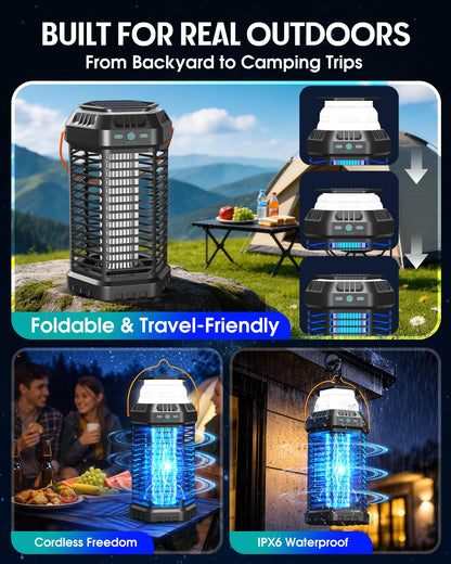 Solar Bug Zapper Outdoor & Indoor, 4500V Ultra-Effective Mosquito Zapper, 6000mAh Rechargeable Insect Zapper, Foldable 2-in-1 Light, IP66 Waterproof for Patio, Camping, Bedroom, Kitchen
