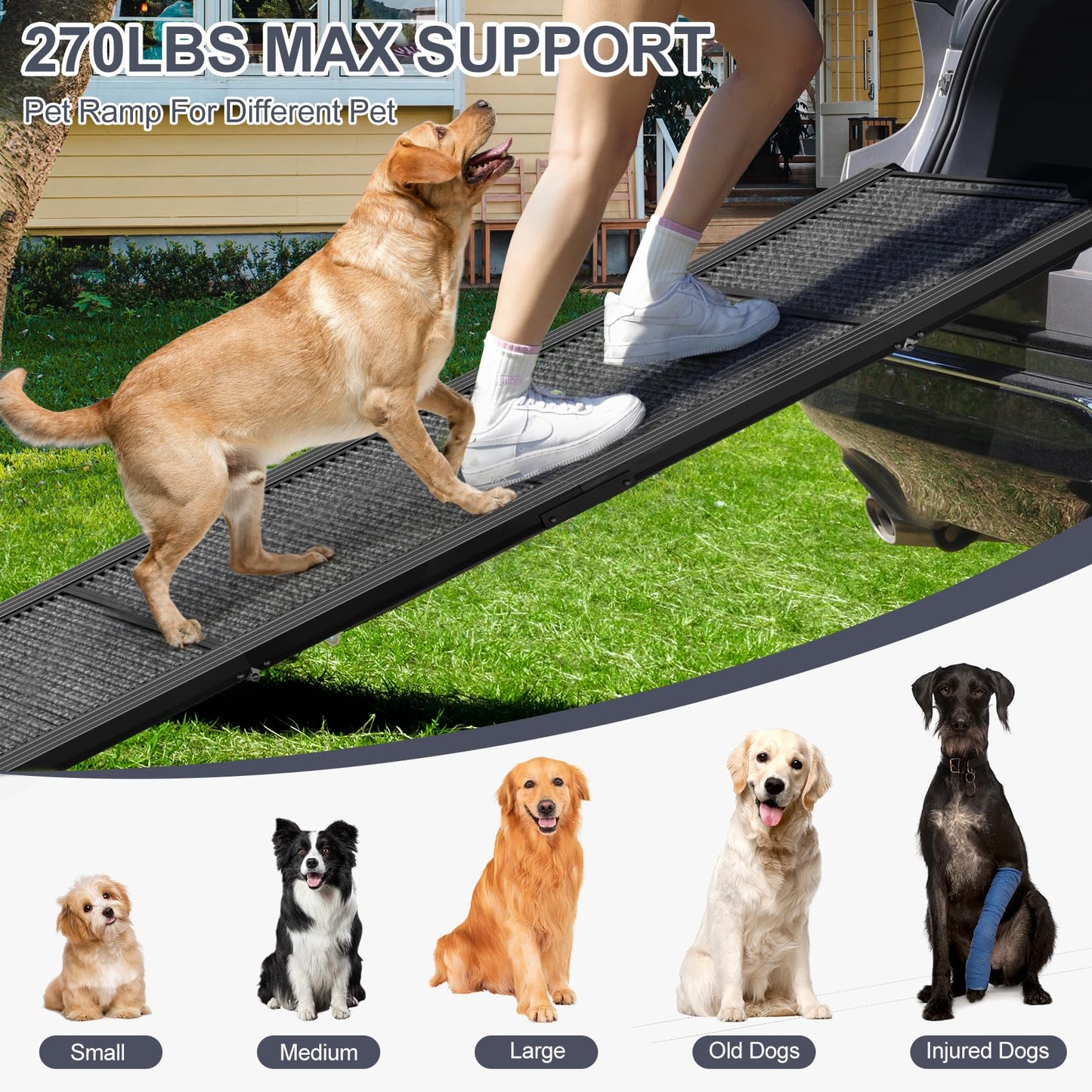 Dog Ramp for Car 63" Long & 17" Wide Portable Dog Ramps for Large Dogs with Non-Slip Rug Surface Dog Car Ramp for SUV Car & Truck, Folding Dog Ramp Up to 250LBS