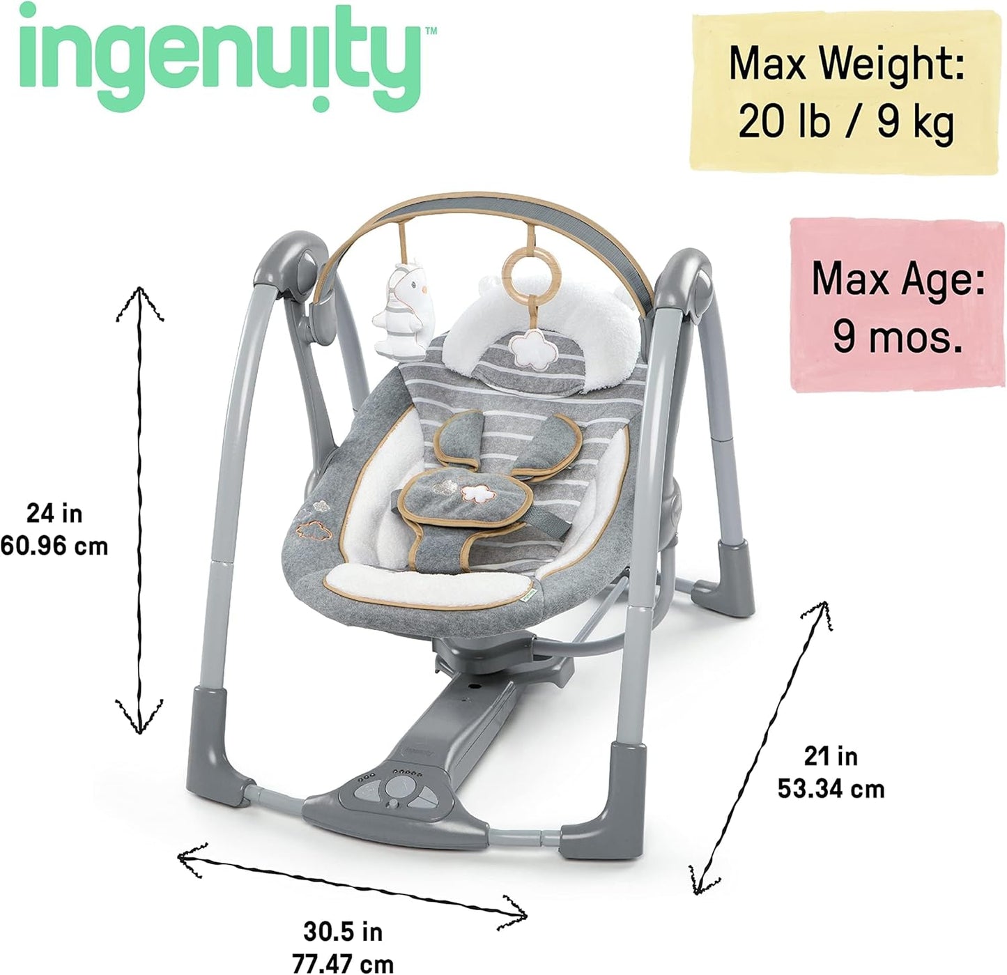 Ingenuity ConvertMe 2-in-1 Kompakte tragbare automatische Babyschaukel & Babysitz, batteriebetriebene Vibrationen, Naturgeräusche, 0-9 Monate 2,7-9 kg (Raylan)