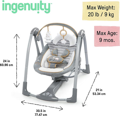 Ingenuity ConvertMe 2-in-1 Kompakte tragbare automatische Babyschaukel & Babysitz, batteriebetriebene Vibrationen, Naturgeräusche, 0-9 Monate 2,7-9 kg (Raylan)