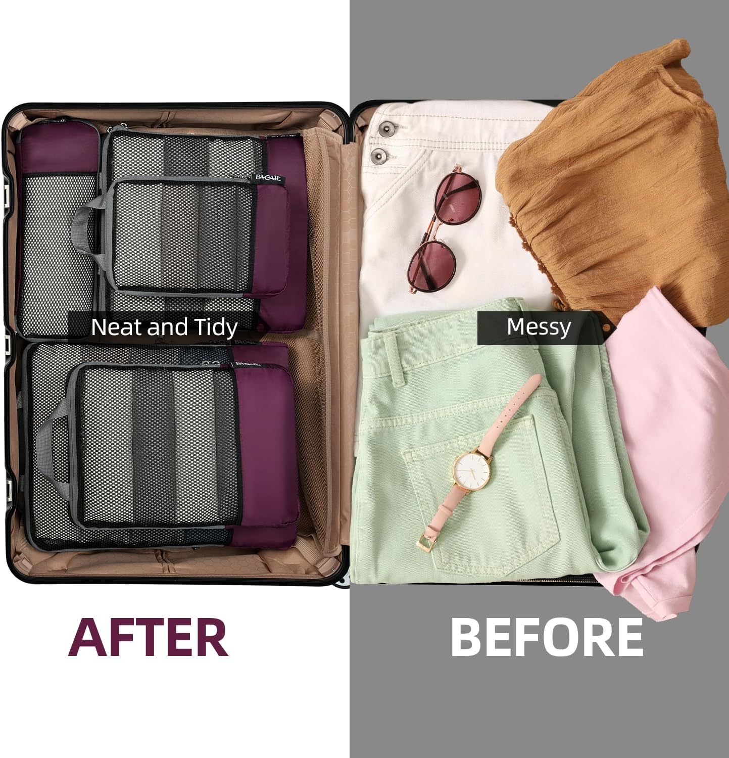 BAGAIL 4er-Set Kompressions-Packwürfel Reise-erweiterbare Packorganizer (Schwarz, 4er-Set)