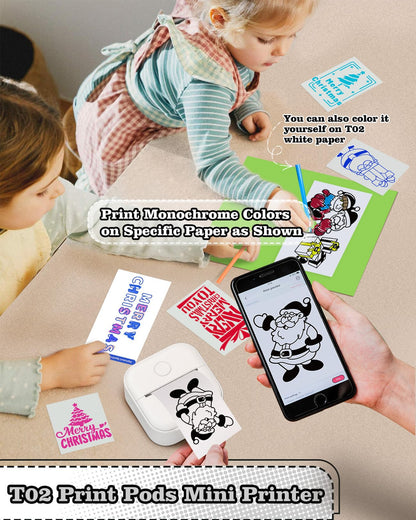 Memoking Mini-Drucker - T02 Aufkleberdrucker, Druckkapsel, tragbarer thermischer tintenloser Aufkleberhersteller, Bluetooth-Taschen-Minifotodrucker, Sofortdruck, Smart AI APP, für Studentenstudiennotizen, Tagebuch, Heimwerker, Geschenk