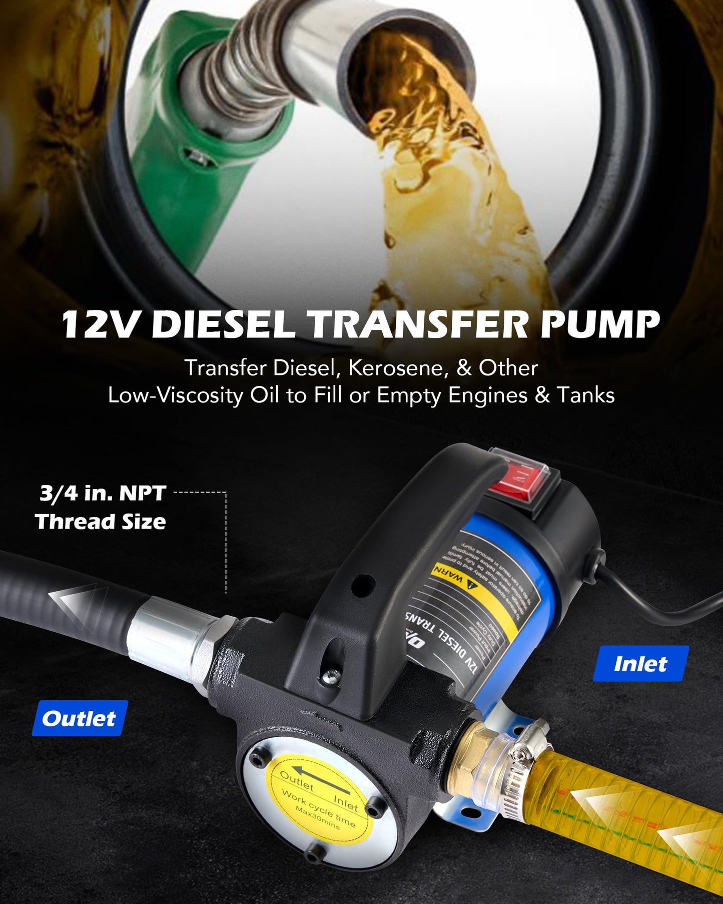 Orion Motor Tech Electric Fuel Transfer Pump with Auto-Shutoff, 3.2GPM Gas Can Pump, 51" Hose, USB-C & AA Battery (NO BATTERIES INCLUDED) Powered, 4 Adapters for Gasoline, Diesel, Kerosene, Blue