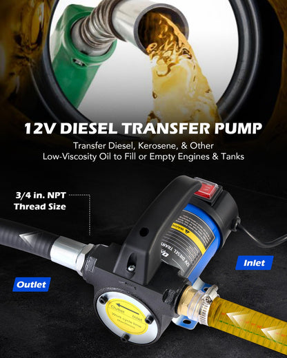 Orion Motor Tech Electric Fuel Transfer Pump with Auto-Shutoff, 3.2GPM Gas Can Pump, 51" Hose, USB-C & AA Battery (NO BATTERIES INCLUDED) Powered, 4 Adapters for Gasoline, Diesel, Kerosene, Blue