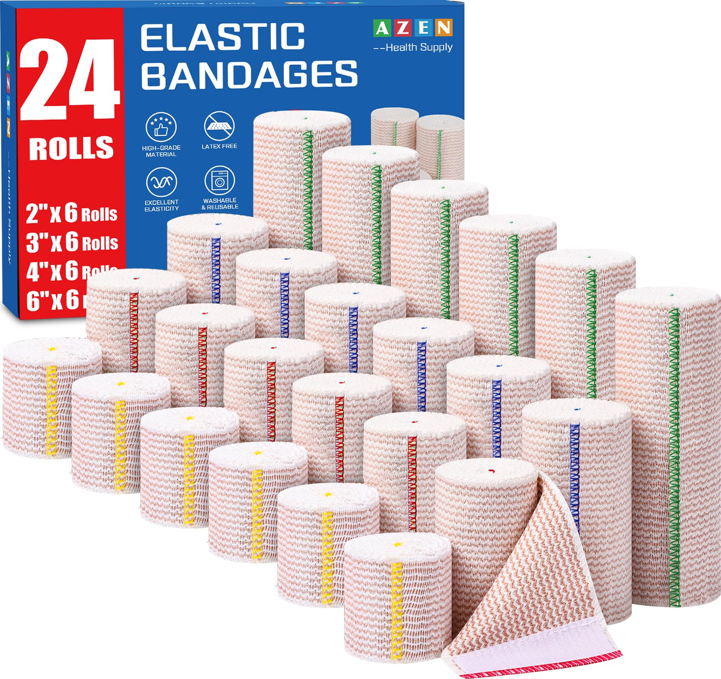 AZEN Premium 8 Pack Elastic Bandage Wrap (2x2", 2x3", 2x4", 2x6"), Compression Wrap Bandage for Legs, Ankle, Knee, Tummy, Body, Latex-Free, Lymphedema Wraps for Legs
