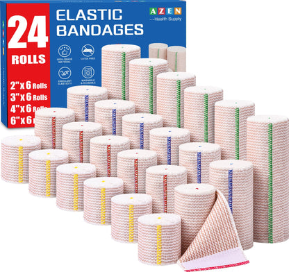 AZEN Premium 8 Pack Elastic Bandage Wrap (2x2", 2x3", 2x4", 2x6"), Compression Wrap Bandage for Legs, Ankle, Knee, Tummy, Body, Latex-Free, Lymphedema Wraps for Legs