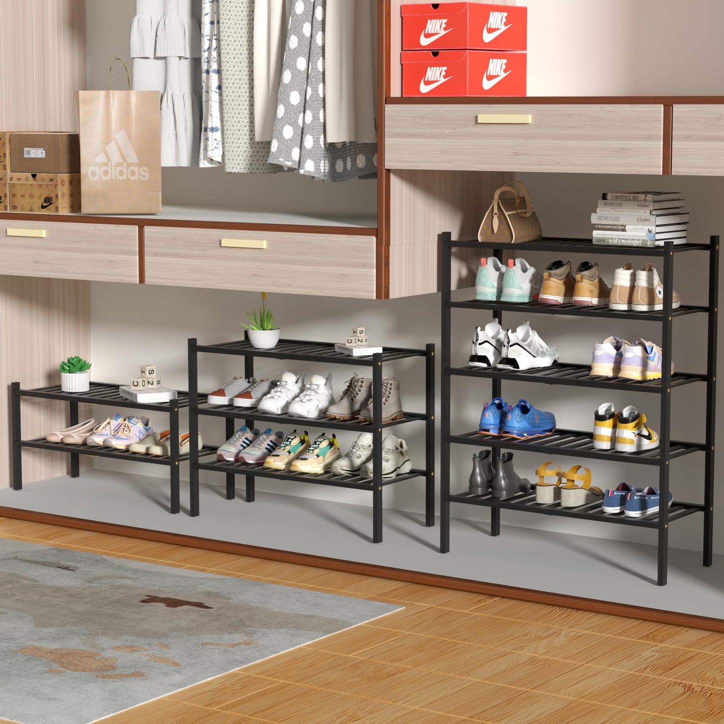 ROMGUAR CRAFT 3 Tier Bamboo Shoe Rack for Closet Free Standing Wood Shoe Shelf Storage Organizer for Entryway Small Space Stackable 27"x11"x20" (Natural)