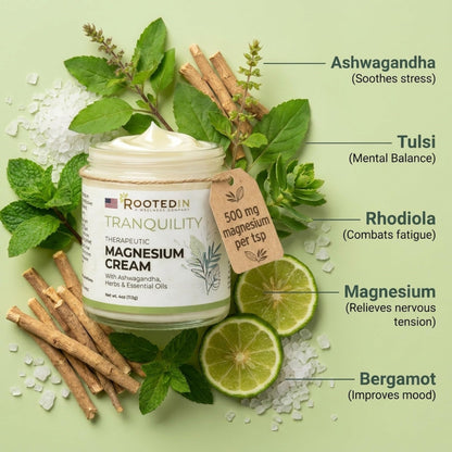 Rooted In Relief Magnesium Cream – 500mg Magnesium Chloride per Teaspoon – Enriched with Arnica, Comfrey & Botanical Blend – Targeted Muscle Support & Topical Relaxation – 4 oz Glass Jar